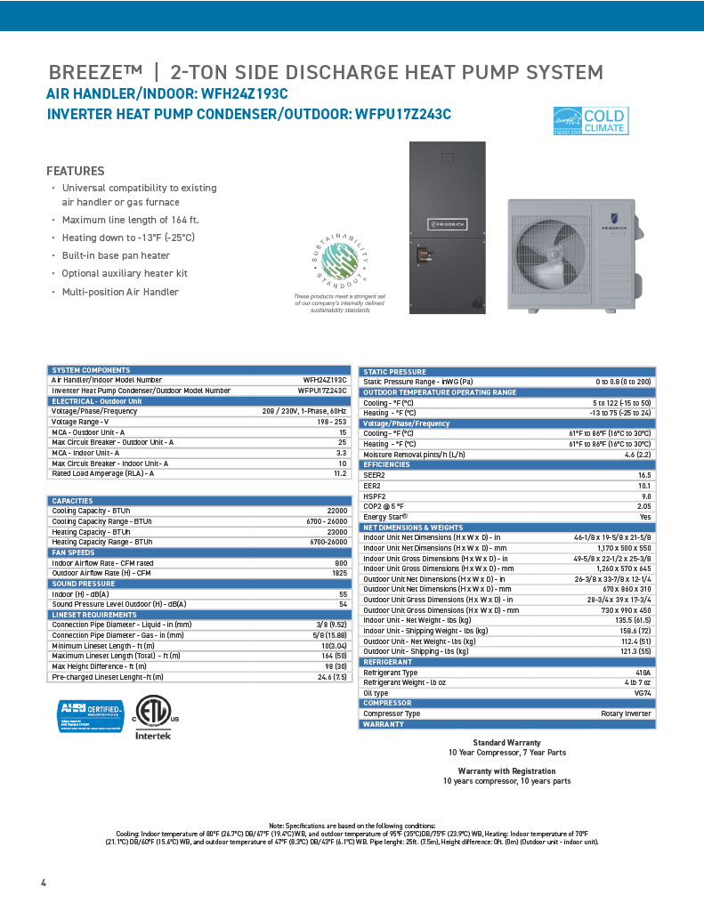 Friedrich Breeze Series Ducted Mini Split Heat Pump 2 ton Side Discharge