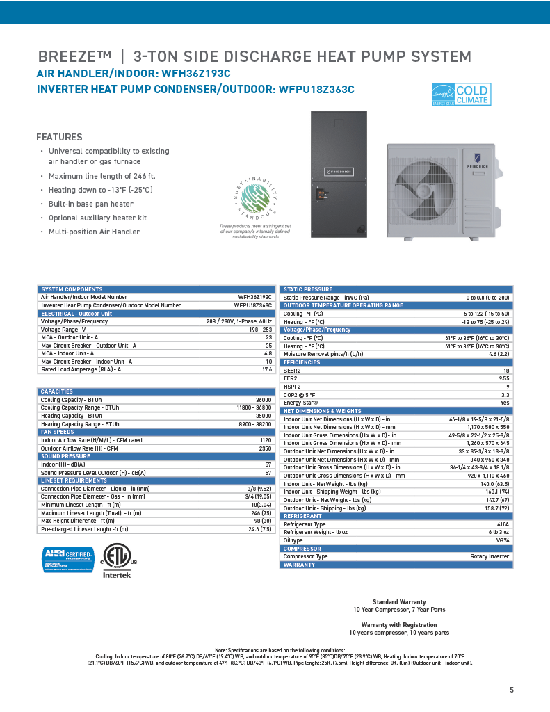 Friedrich Breeze Series Ducted Mini Split Heat Pump 3 ton side discharge