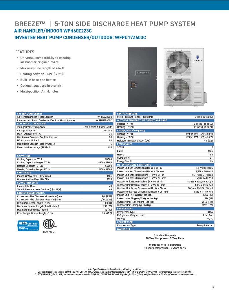 Friedrich Breeze Series Ducted Mini Split Heat Pump 5 ton side discharge