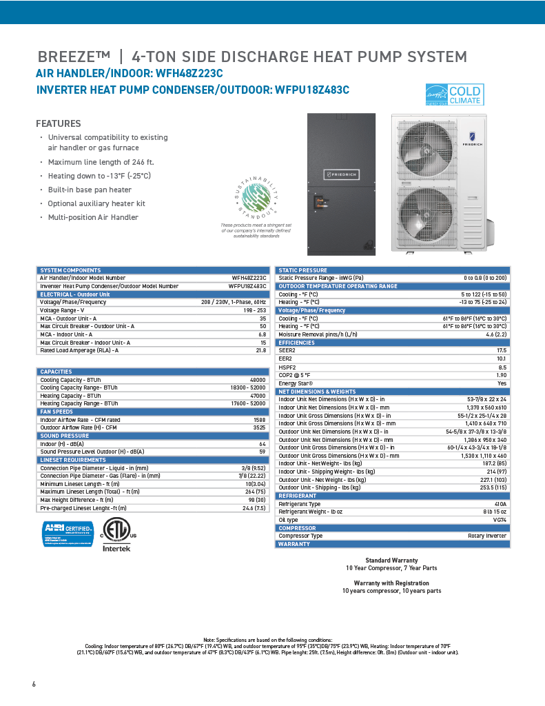 Friedrich Breeze Series Ducted Mini Split Heat Pump 4 ton side discharge